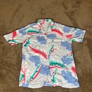 Islander Button Up Shirt Mens Medium Gray Pink Teal Tropical Leaf Rayon Aloha